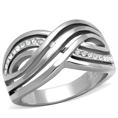 JCE2025 High polished (no plating) Stainless Steel Ring with Top Grade Crystal in Clear
