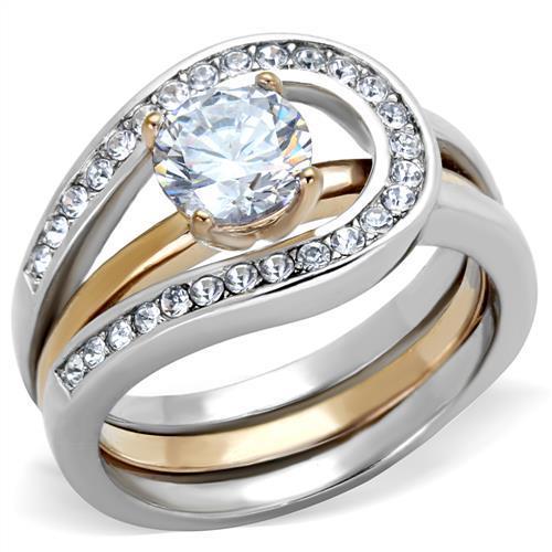 JCE2032 Two-Tone IP Rose Gold Stainless Steel Ring with AAA Grade CZ in Clear