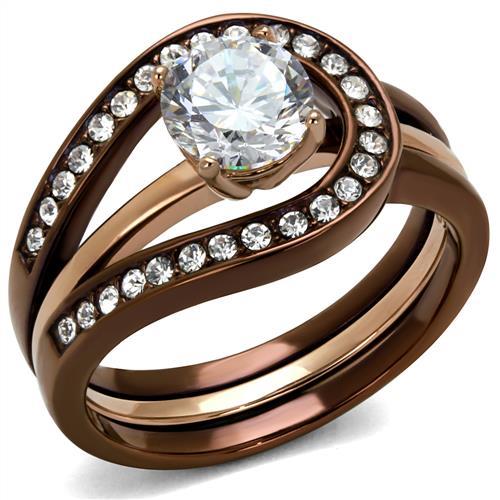 JCE2032LC IP Rose Gold & IP light Coffee Stainless Steel Ring with AAA Grade CZ in Clear