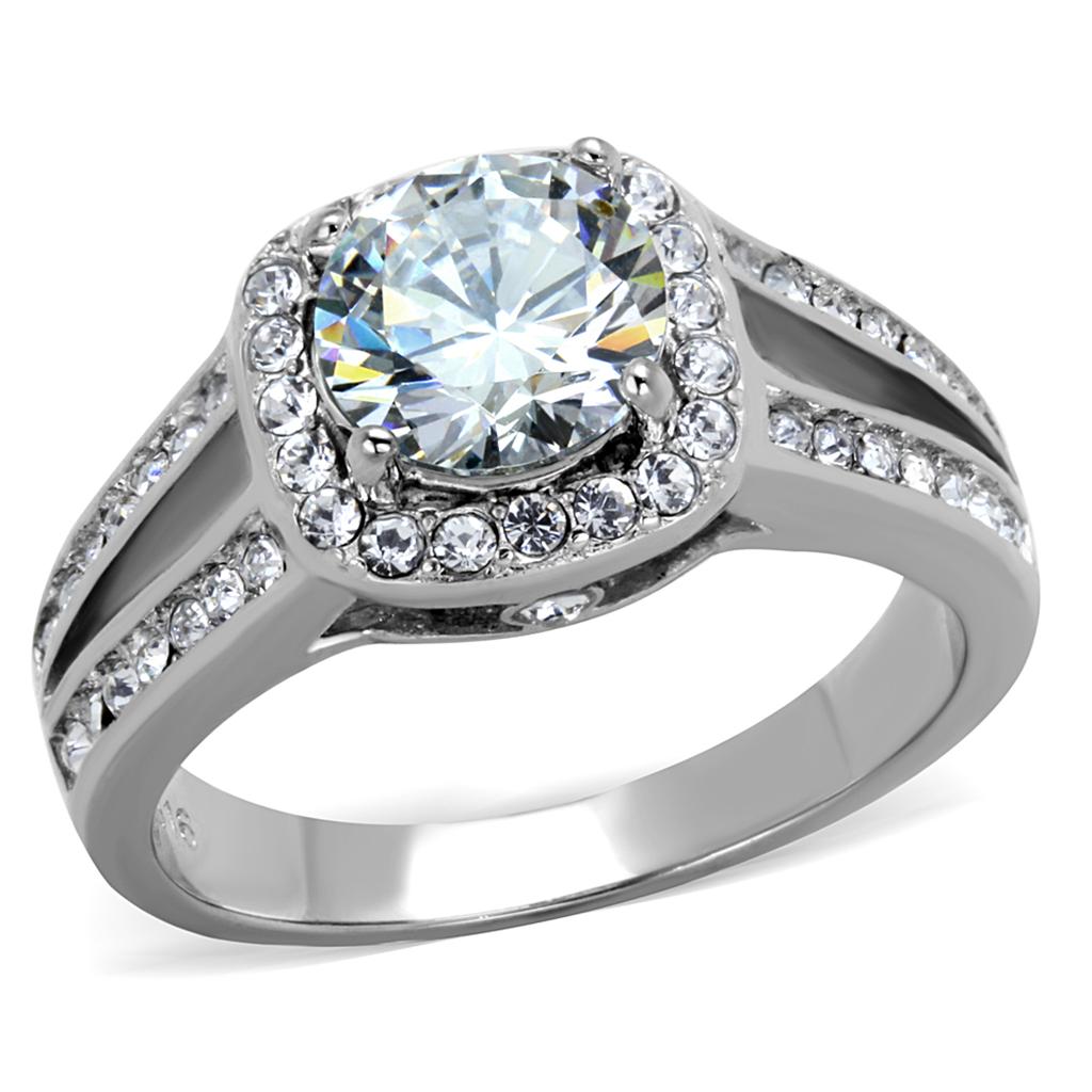 JCE2043 High polished (no plating) Stainless Steel Ring with AAA Grade CZ in Clear