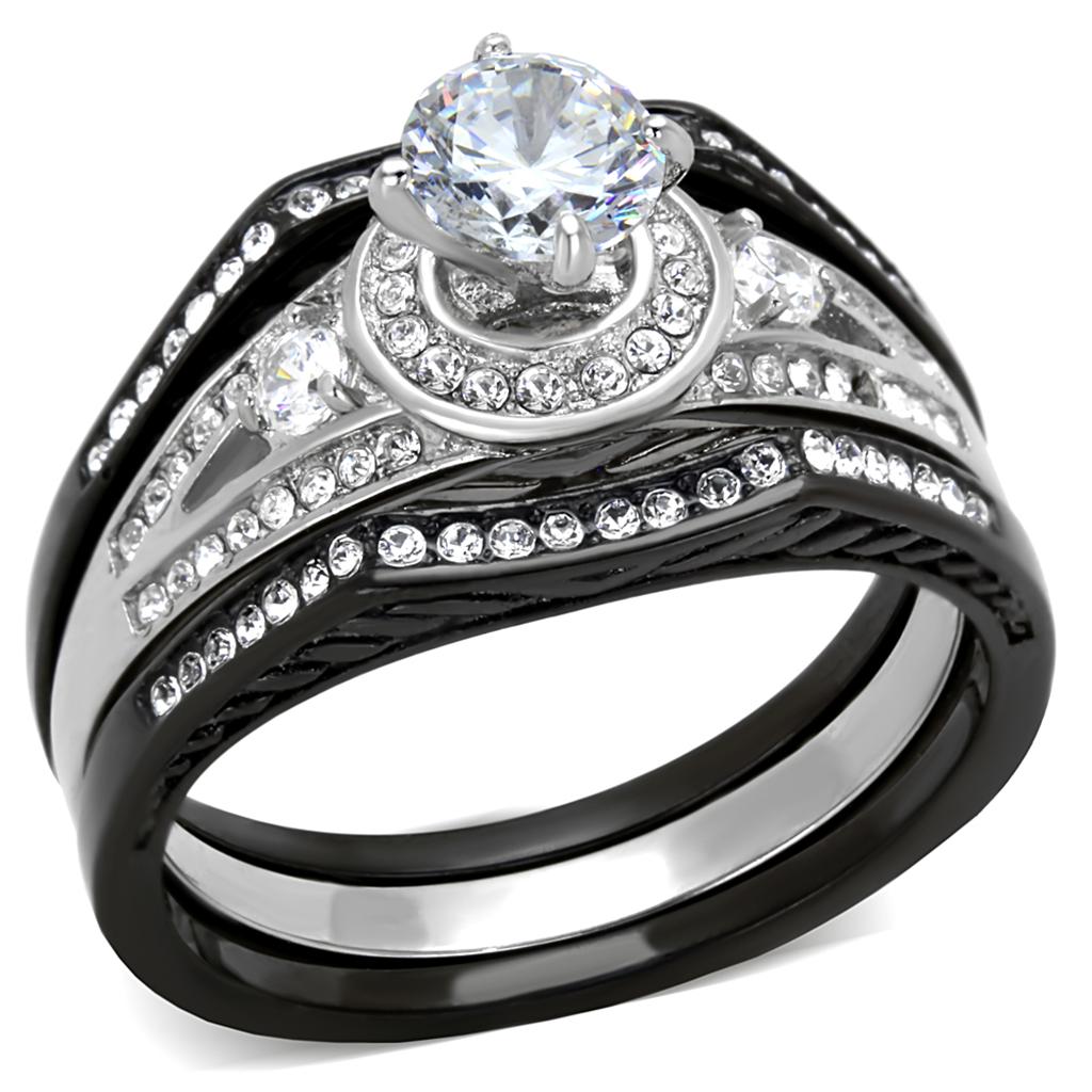 JCE2044 Two-Tone IP Black Stainless Steel Ring with AAA Grade CZ in Clear