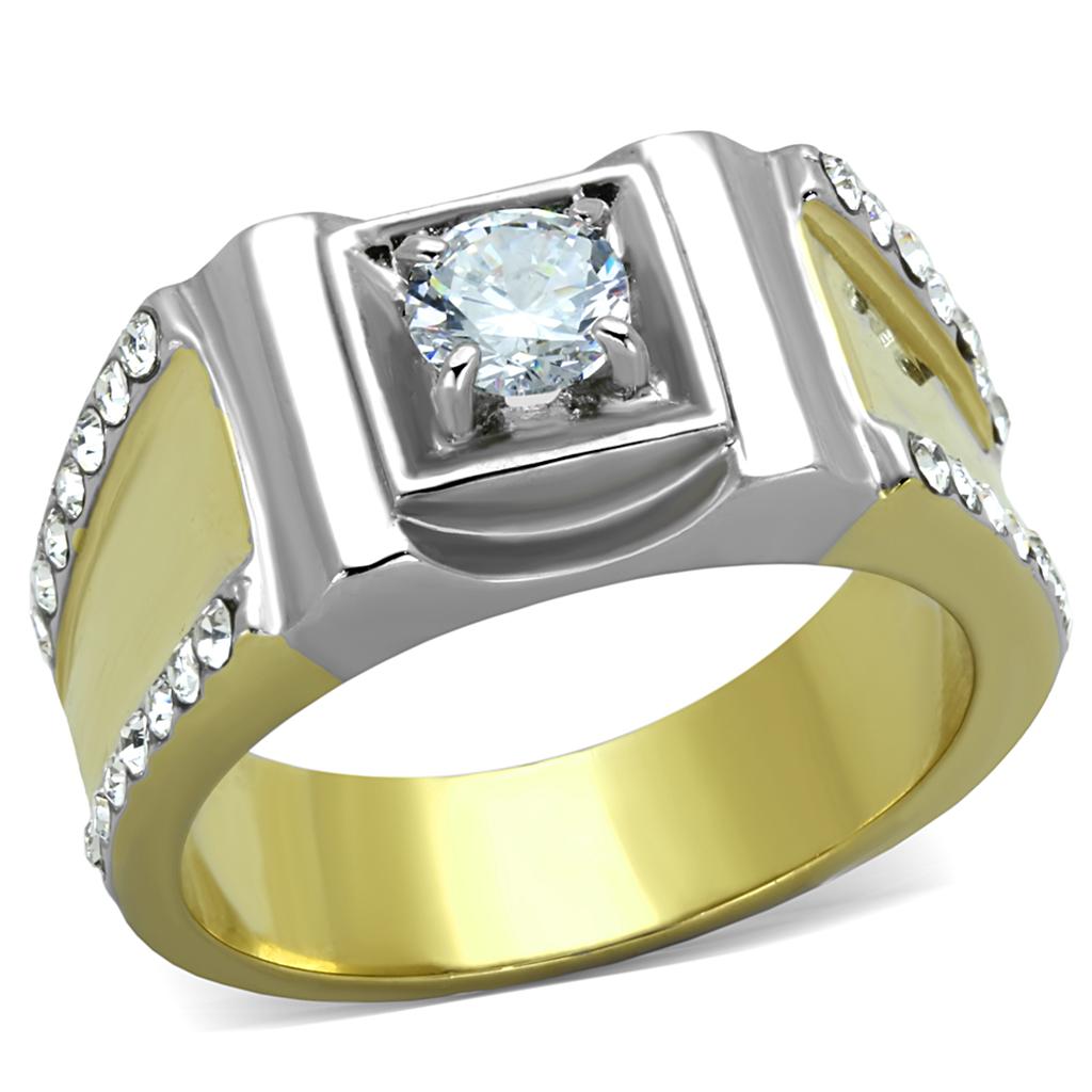 JCE2049 Two-Tone IP Gold (Ion Plating) Stainless Steel Ring with AAA Grade CZ  in Clear