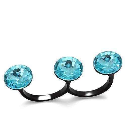 JCE2103 IP Black(Ion Plating) Stainless Steel Ring with Top Grade Crystal in Sea Blue
