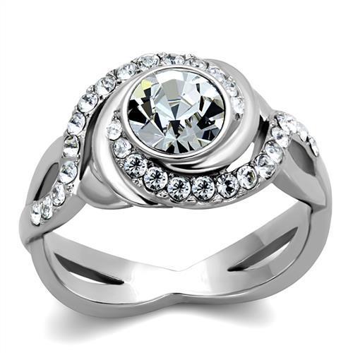 JCE2111 High polished (no plating) Stainless Steel Ring with Top Grade Crystal in Clear