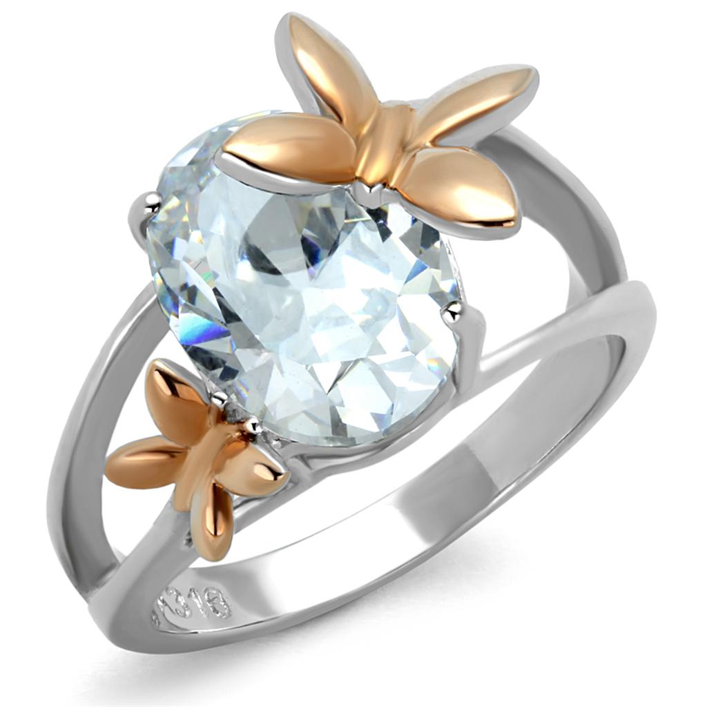 JCE2135 Two-Tone IP Rose Gold Stainless Steel Ring with AAA Grade CZ in Clear