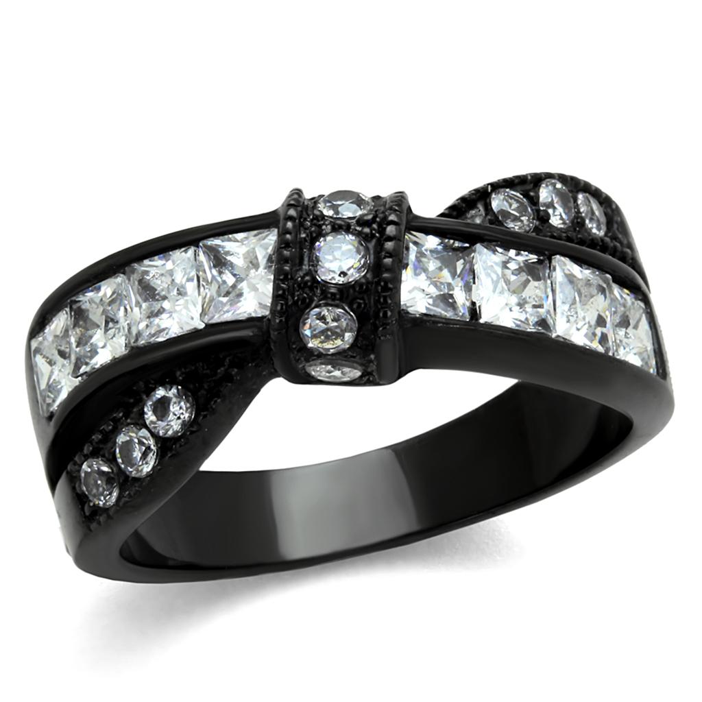 JCE2139 IP Black(Ion Plating) Stainless Steel Ring with AAA Grade CZ in Clear