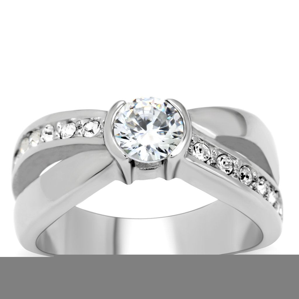 JCE214 High polished (no plating) Stainless Steel Ring with AAA Grade CZ in Clear
