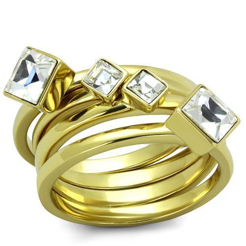 JCE2158 IP Gold(Ion Plating) Stainless Steel Ring with Top Grade Crystal in Clear