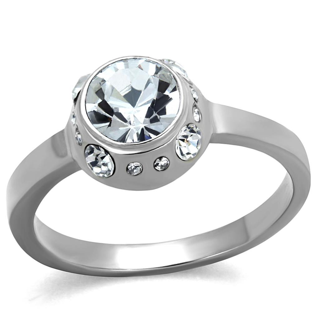 JCE2183 High polished (no plating) Stainless Steel Ring with Top Grade Crystal in Clear