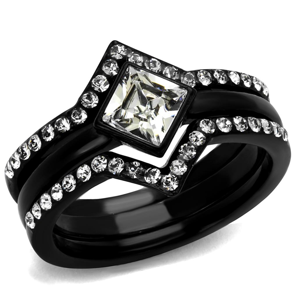 JCE2185 IP Black(Ion Plating) Stainless Steel Ring with Top Grade Crystal in Clear
