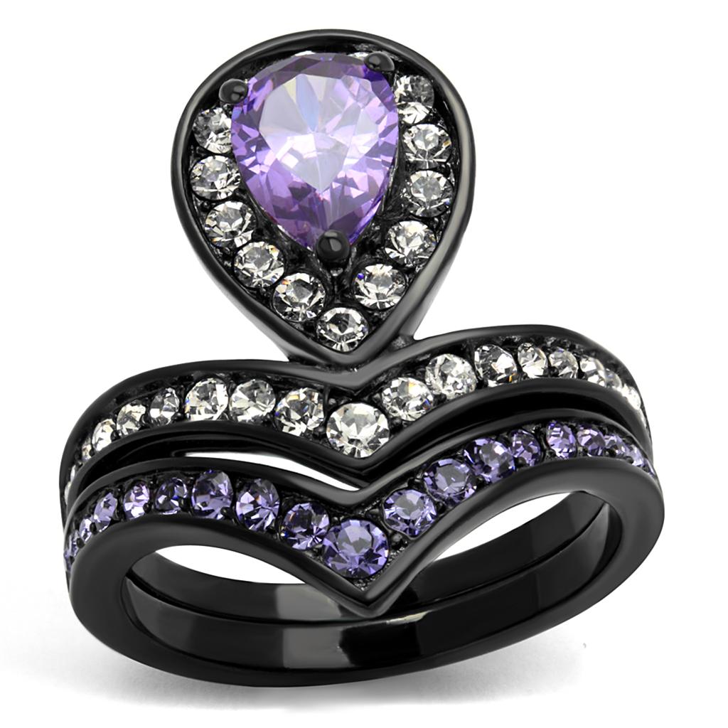 JCE2186 IP Black(Ion Plating) Stainless Steel Ring with AAA Grade CZ in Amethyst