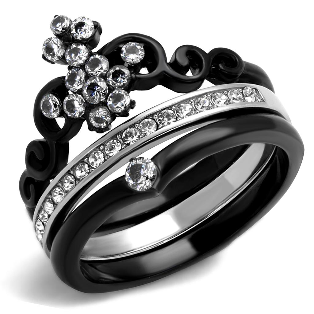 JCE2187 Two-Tone IP Black Stainless Steel Ring with AAA Grade CZ in Clear