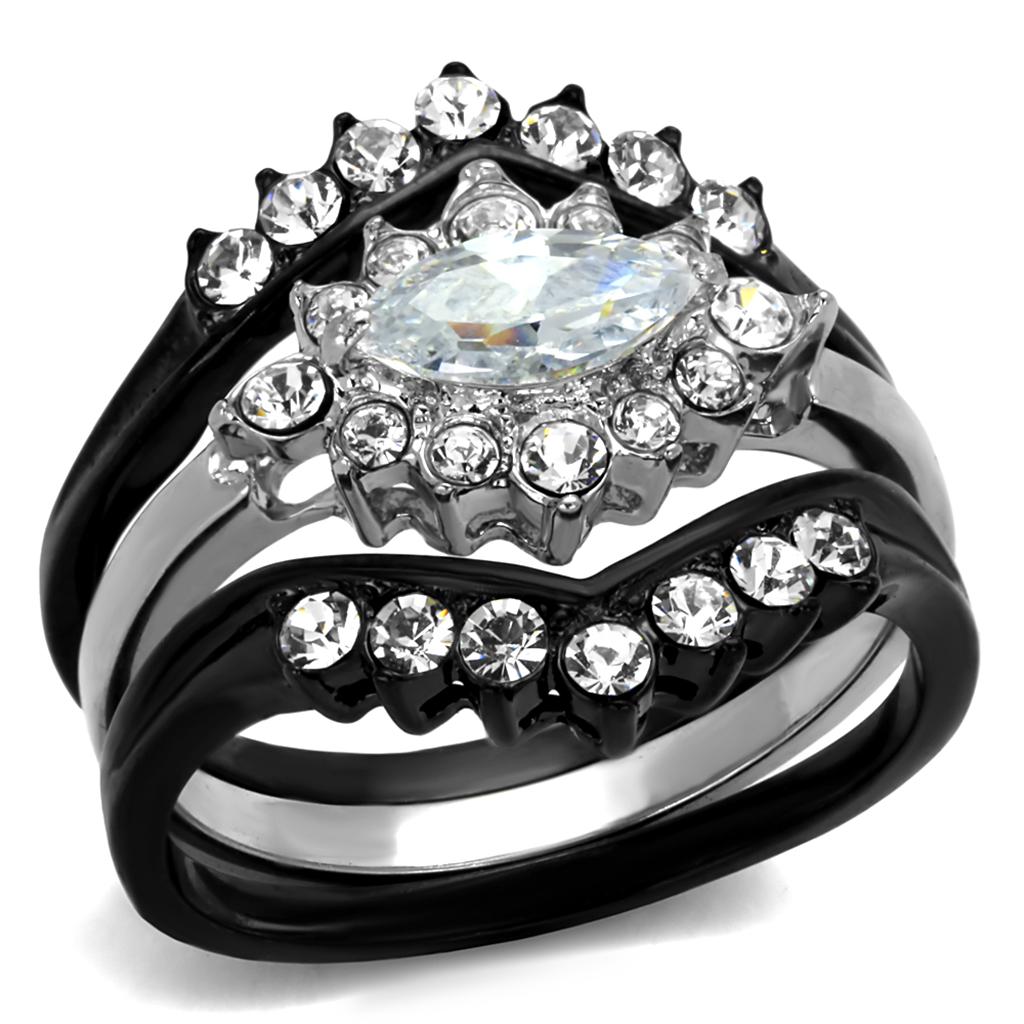 JCE2188 Two-Tone IP Black Stainless Steel Ring with AAA Grade CZ in Clear