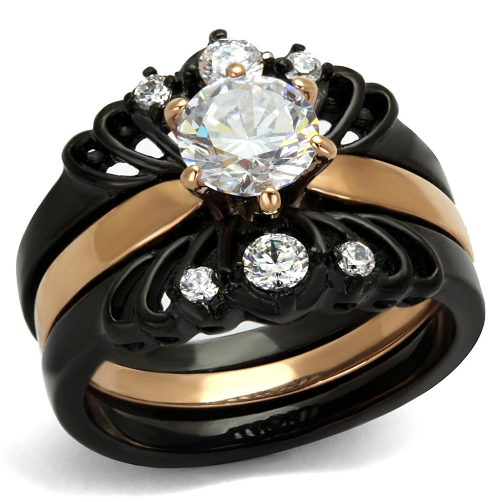 JCE2189 IP Rose Gold+ IP Black (Ion Plating) Stainless Steel Ring with AAA Grade CZ in Clear