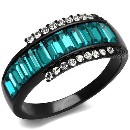 JCE2190 IP Black(Ion Plating) Stainless Steel Ring with Top Grade Crystal in Blue Zircon