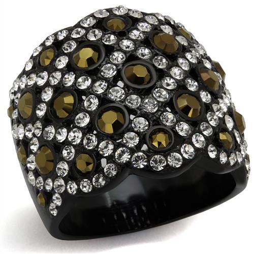 JCE2197 IP Black(Ion Plating) Stainless Steel Ring with Top Grade Crystal in Metallic Light Gold