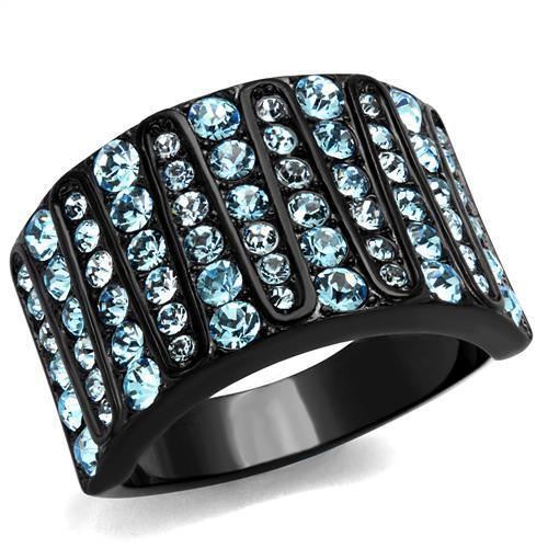 JCE2198 IP Black(Ion Plating) Stainless Steel Ring with Top Grade Crystal in Sea Blue
