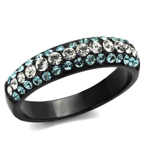 JCE2205 IP Black(Ion Plating) Stainless Steel Ring with Top Grade Crystal in Sea Blue