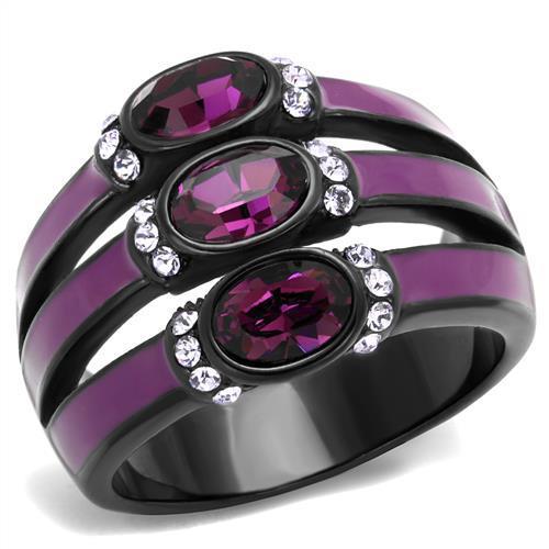 JCE2213 IP Black(Ion Plating) Stainless Steel Ring with Top Grade Crystal in Amethyst