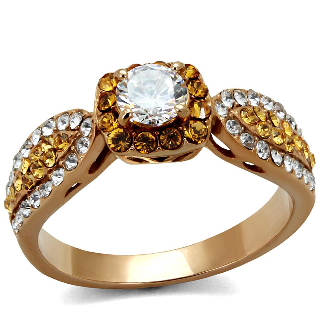 JCE2250 IP Rose Gold(Ion Plating) Stainless Steel Ring with AAA Grade CZ in Clear