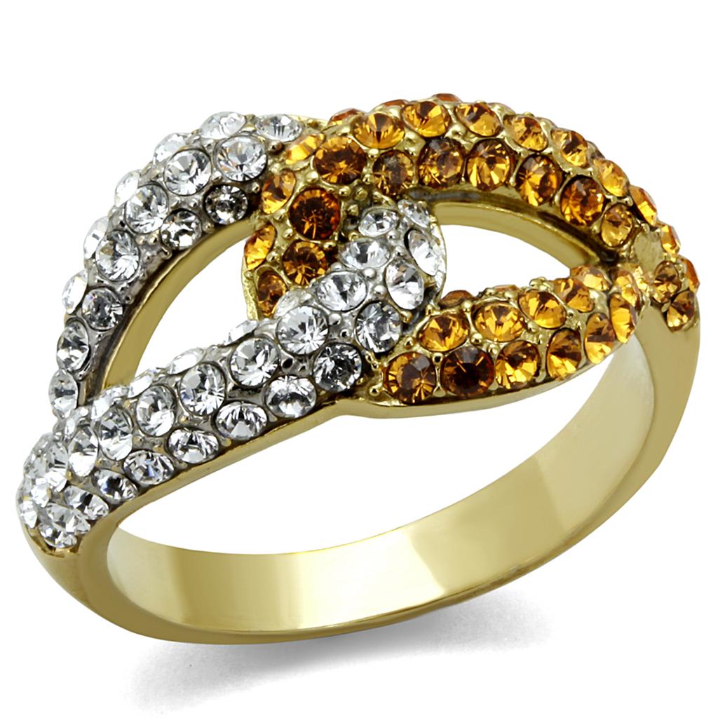 JCE2251 Two-Tone IP Gold (Ion Plating) Stainless Steel Ring with Top Grade Crystal in Topaz