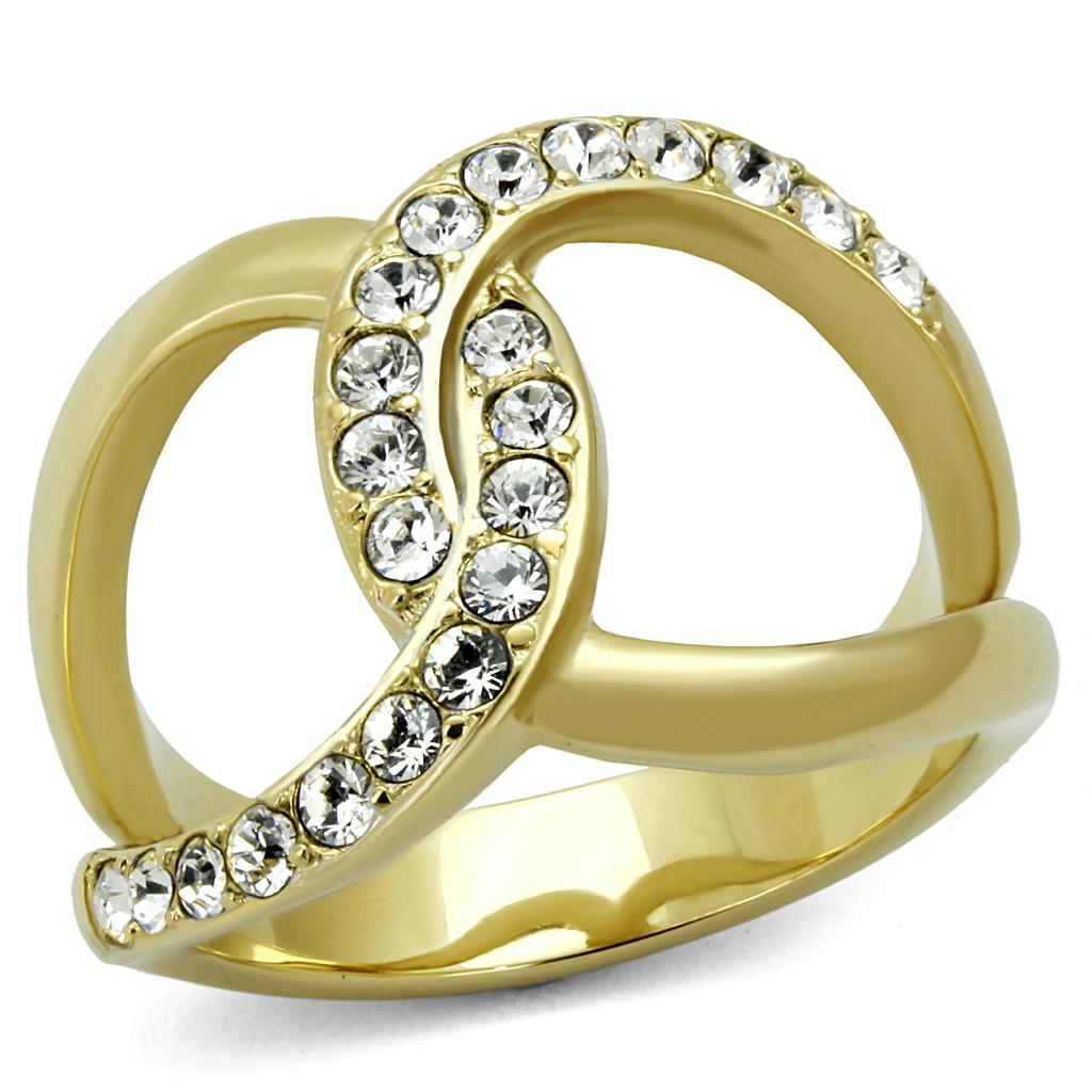 JCE2253 Two-Tone IP Gold (Ion Plating) Stainless Steel Ring with Top Grade Crystal in Clear