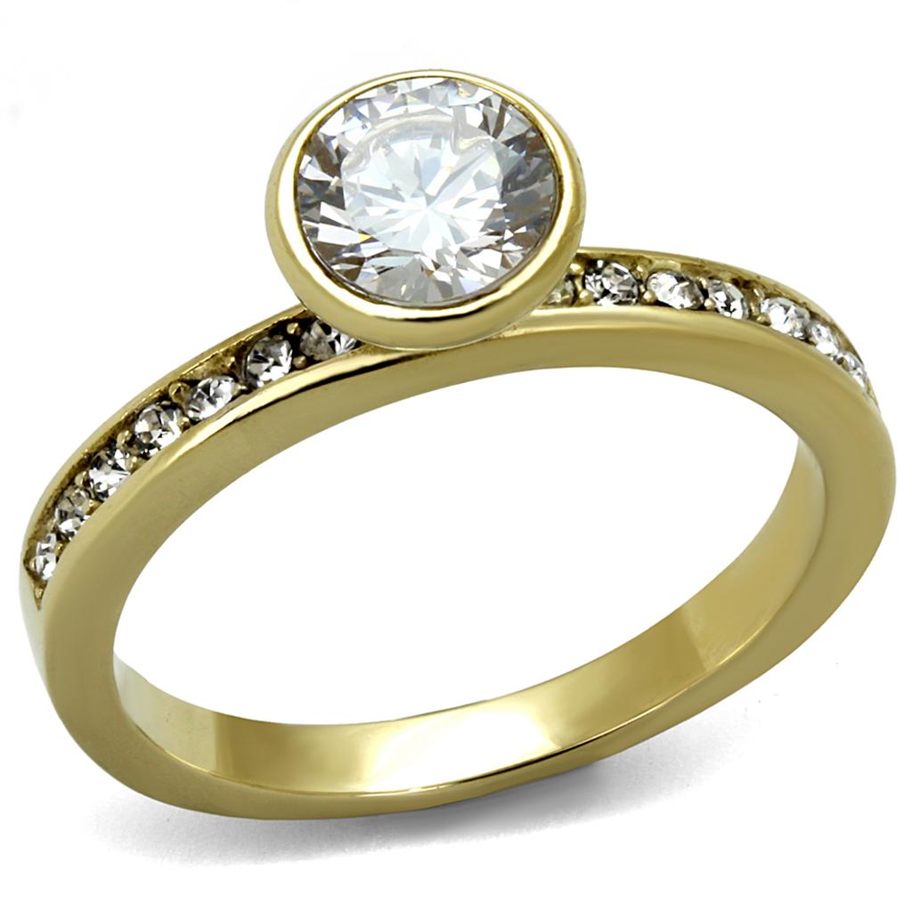JCE2254 IP Gold(Ion Plating) Stainless Steel Ring with AAA Grade CZ in Clear