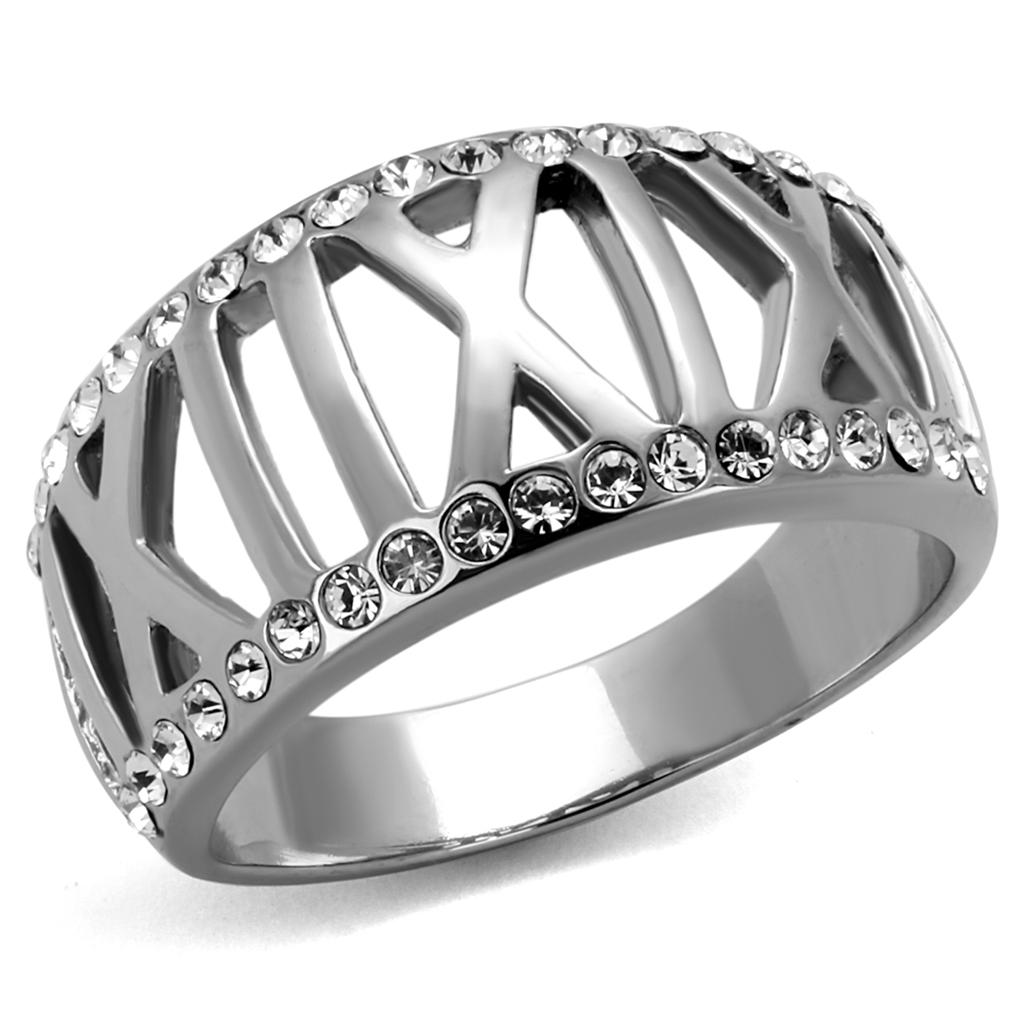 JCE2257 High polished (no plating) Stainless Steel Ring with Top Grade Crystal in Clear