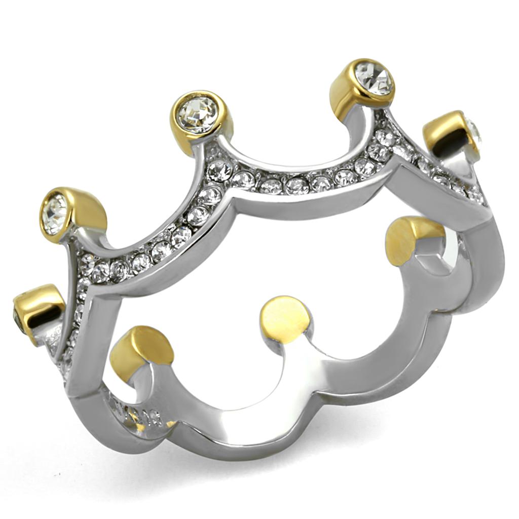 JCE2258 Two-Tone IP Gold (Ion Plating) Stainless Steel Ring with Top Grade Crystal in Clear
