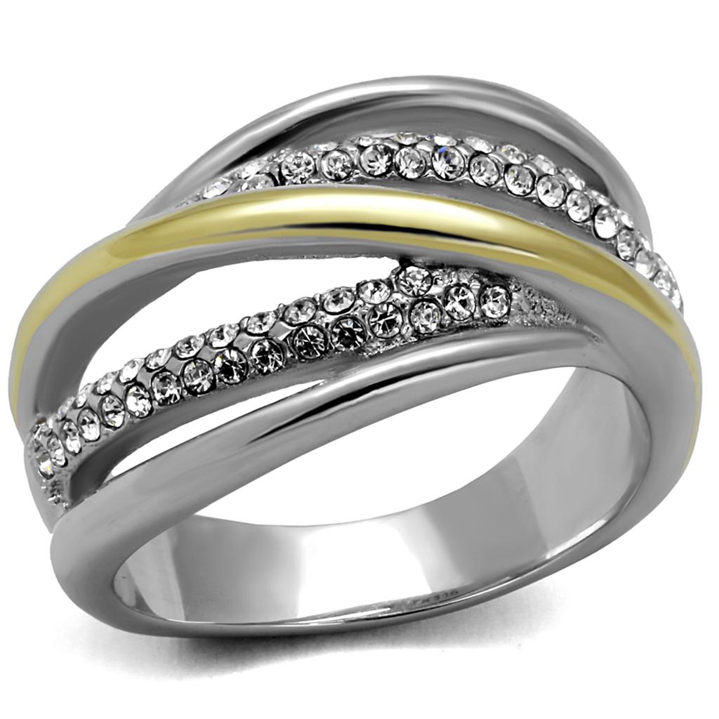 JCE2263 Two-Tone IP Gold (Ion Plating) Stainless Steel Ring with Top Grade Crystal in Clear