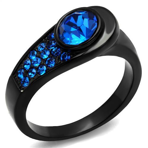 JCE2279 IP Black(Ion Plating) Stainless Steel Ring with Top Grade Crystal in Capri Blue