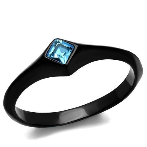JCE2284 IP Black(Ion Plating) Stainless Steel Ring with Top Grade Crystal in Sea Blue