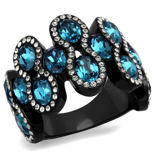 JCE2289 IP Black(Ion Plating) Stainless Steel Ring with Top Grade Crystal in Aquamarine