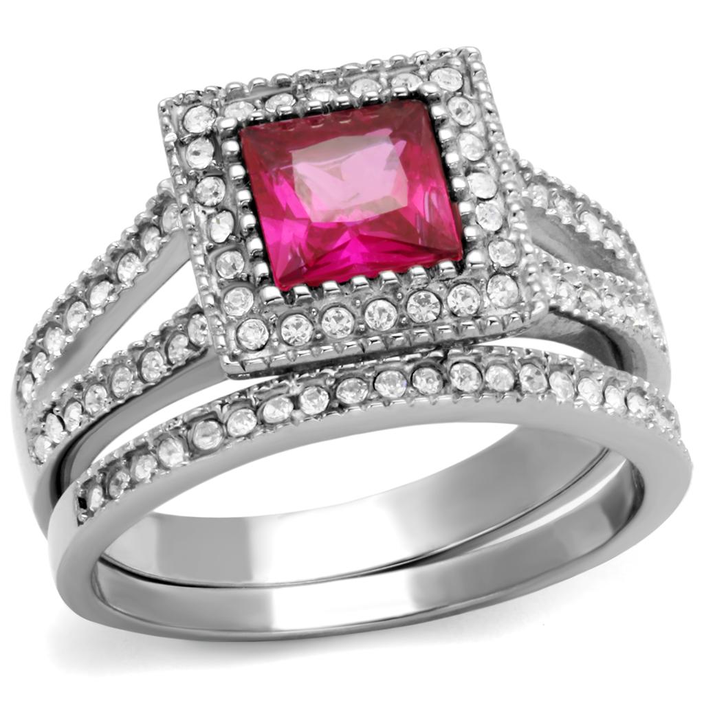 JCE2293 High polished (no plating) Stainless Steel Ring with AAA Grade CZ in Ruby