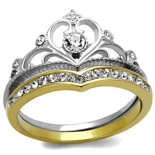 JCE2294 Two-Tone IP Gold (Ion Plating) Stainless Steel Ring with Top Grade Crystal in Clear