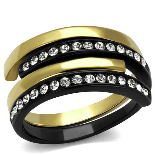 JCE2298 IP Gold+ IP Black (Ion Plating) Stainless Steel Ring with Top Grade Crystal in Clear