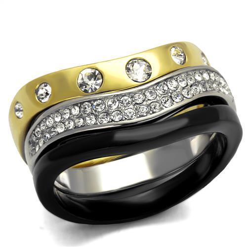 JCE2299 IP Gold+ IP Black (Ion Plating) Stainless Steel Ring with Top Grade Crystal in Clear