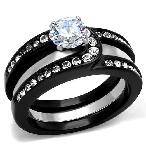 JCE2303 Two-Tone IP Black (Ion Plating) Stainless Steel Ring with AAA Grade CZ in Clear