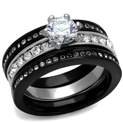JCE2304 Two-Tone IP Black (Ion Plating) Stainless Steel Ring with AAA Grade CZ in Clear