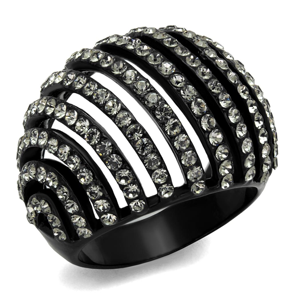 JCE2345 IP Black(Ion Plating) Stainless Steel Ring with Top Grade Crystal in Black Diamond
