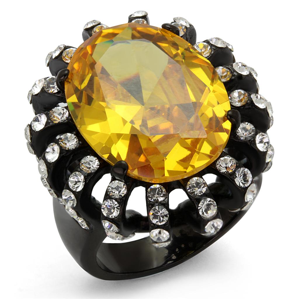JCE2346 IP Black(Ion Plating) Stainless Steel Ring with AAA Grade CZ in Topaz