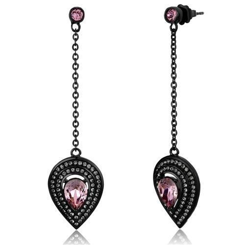 JCE2380 IP Black(Ion Plating) Stainless Steel Earrings with Top Grade Crystal in Light Rose