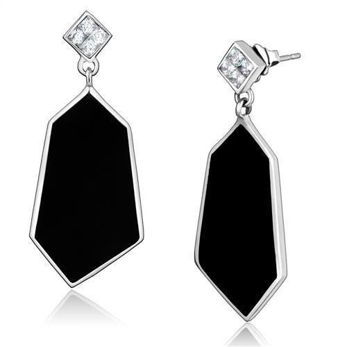 JCE2382 High polished (no plating) Stainless Steel Earrings with AAA Grade CZ in Clear