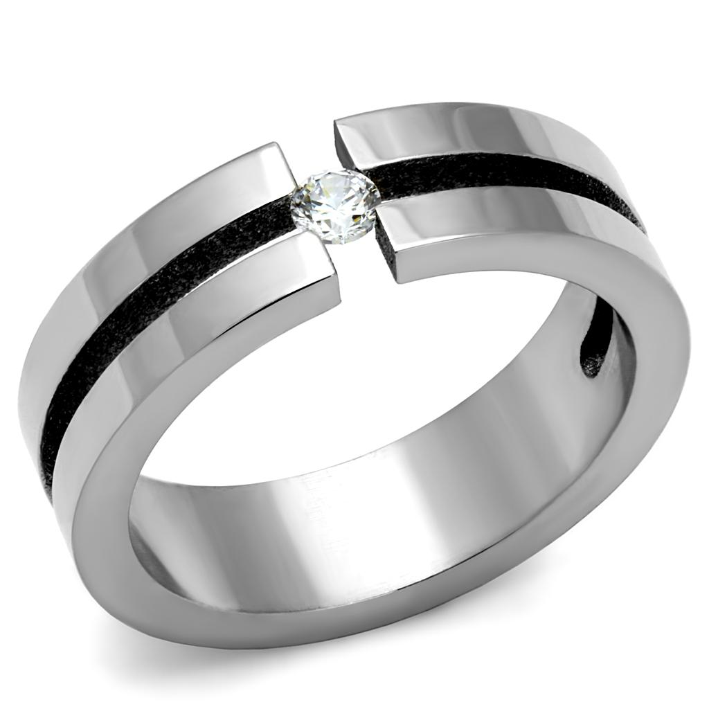 JCE2412 High polished (no plating) Stainless Steel Ring with AAA Grade CZ in Clear