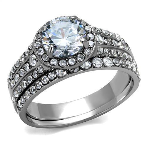 JCE2476 High polished (no plating) Stainless Steel Ring with AAA Grade CZ in Clear