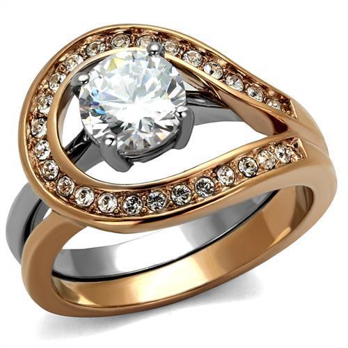 JCE2479 Two-Tone IP Rose Gold Stainless Steel Ring with AAA Grade CZ in Clear