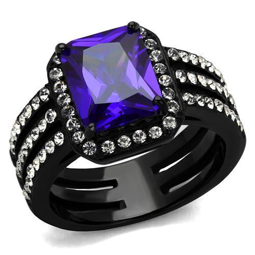 JCE2486 IP Black(Ion Plating) Stainless Steel Ring with AAA Grade CZ in Tanzanite