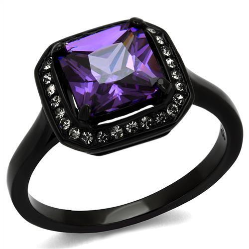 JCE2487 IP Black(Ion Plating) Stainless Steel Ring with AAA Grade CZ in Amethyst