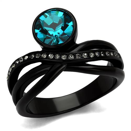 JCE2488 IP Black(Ion Plating) Stainless Steel Ring with Top Grade Crystal in Blue Zircon