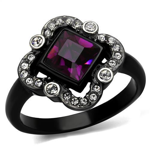 JCE2489 Two-Tone IP Black Stainless Steel Ring with Top Grade Crystal in Fuchsia